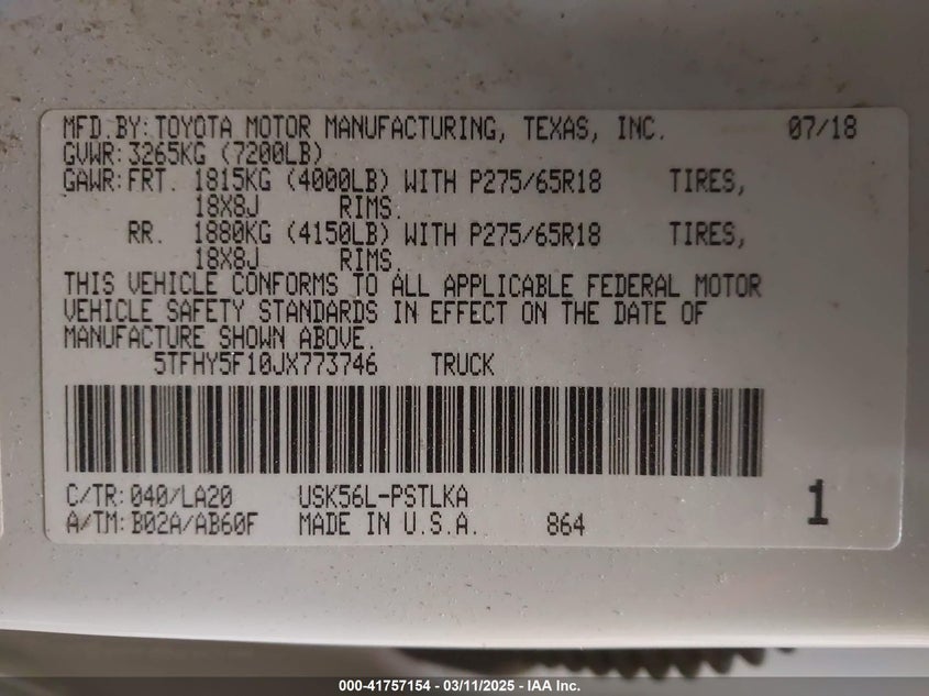 2018 TOYOTA TUNDRA VIN: 5TFHY5F10JX773746
