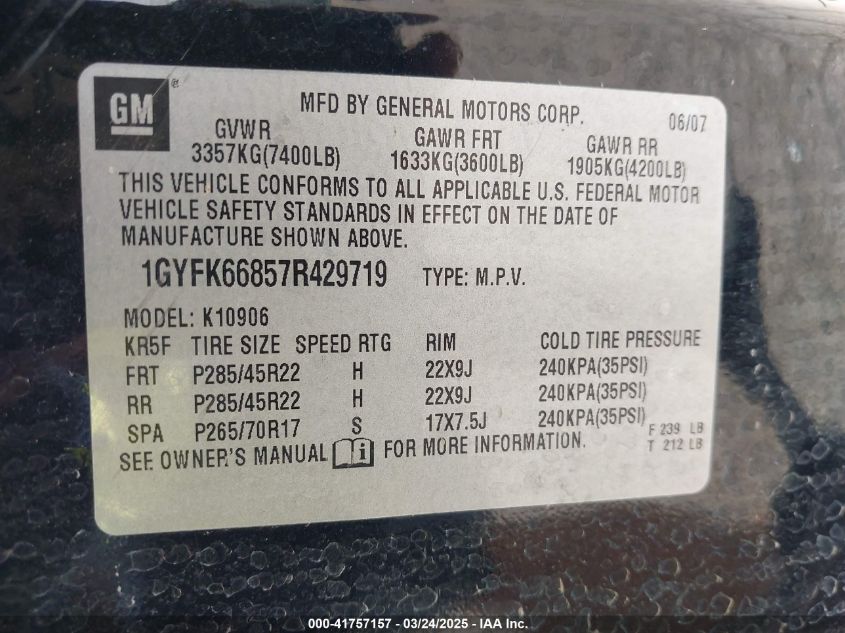 2007 Cadillac Escalade Esv Standard VIN: 1GYFK66857R429719 Lot: 41757157