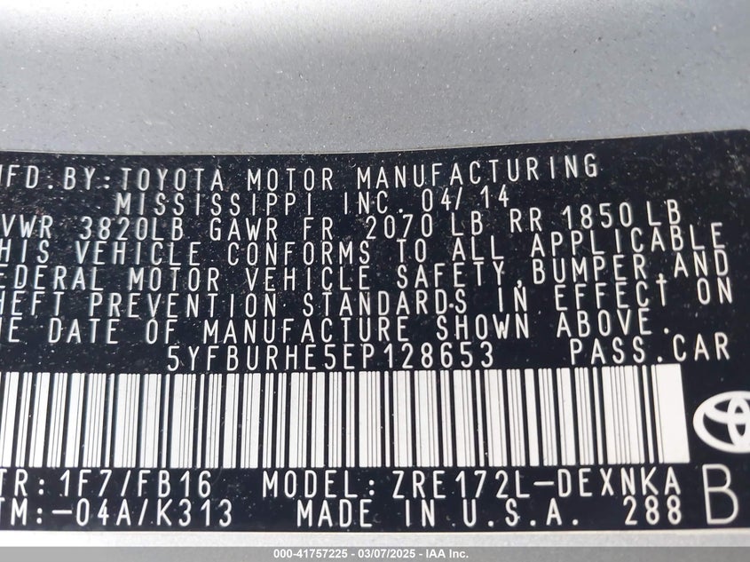 2014 TOYOTA COROLLA VIN: 5YFBURHE5EP128653