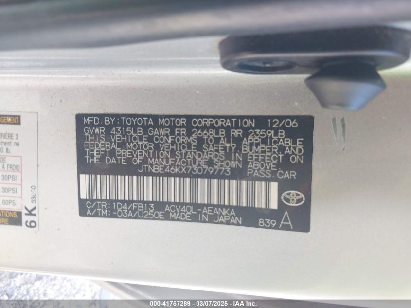 2007 Toyota Camry Ce VIN: JTNBE46KX73079773 Lot: 41757289