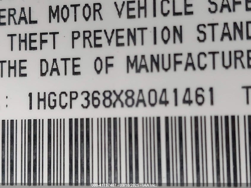 2008 HONDA ACCORD VIN: 1HGCP368X8A041461