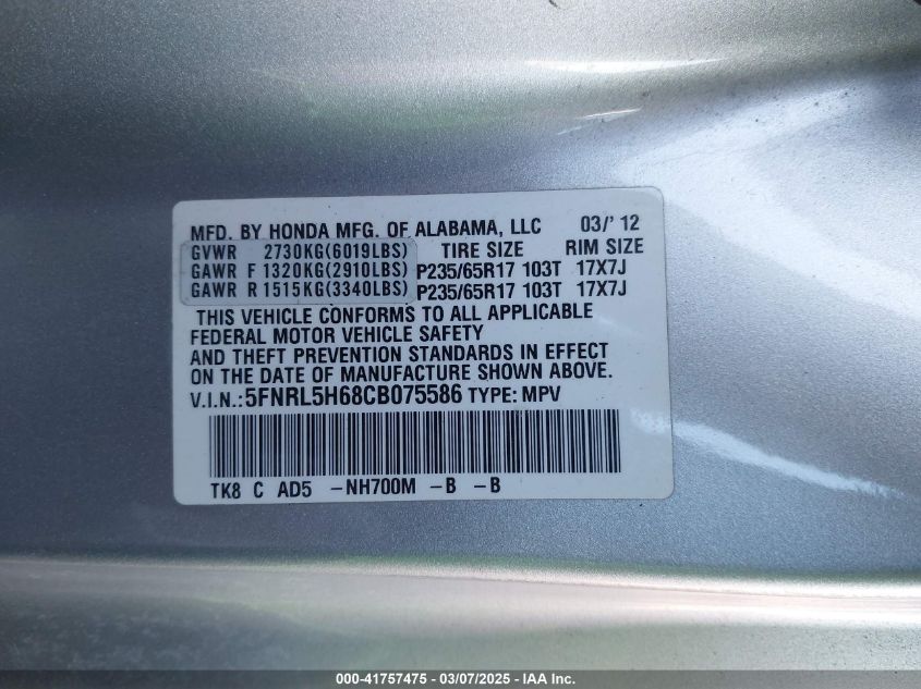 2012 Honda Odyssey Ex-L VIN: 5FNRL5H68CB075586 Lot: 41757475