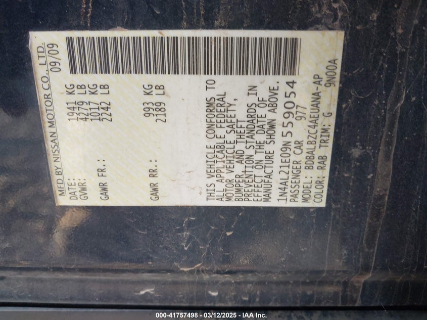 2009 NISSAN ALTIMA VIN: 1N4AL21E09N559054