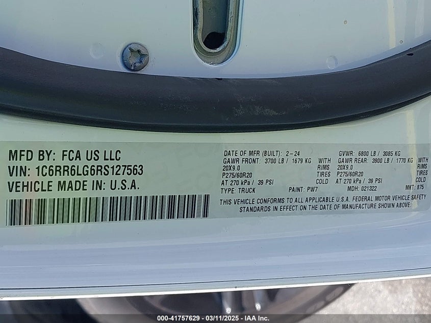 2024 RAM 1500 CLASSIC VIN: 1C6RR6LG6RS127563