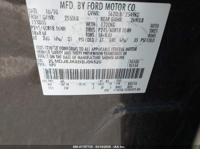 2011 LINCOLN MKX VIN: 2LMDJ8JK8BBJ06520