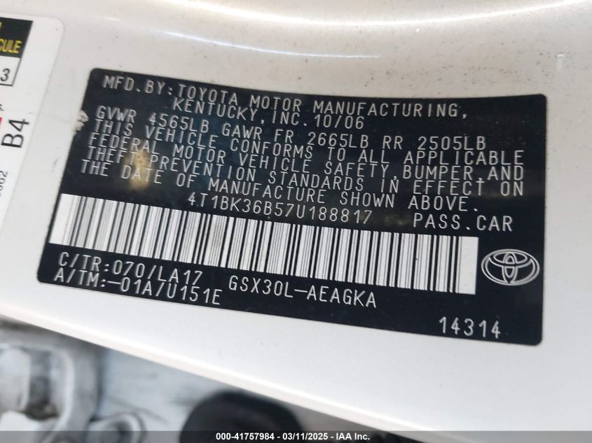 2007 Toyota Avalon Xls VIN: 4T1BK36B57U188817 Lot: 41757984