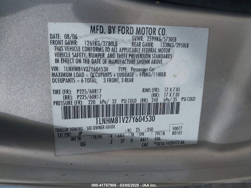 2007 Lincoln Town Car Signature VIN: 1LNHM81V27Y604530 Lot: 41757985