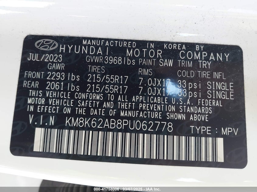 2023 Hyundai Kona Sel VIN: KM8K62AB8PU062778 Lot: 41758006