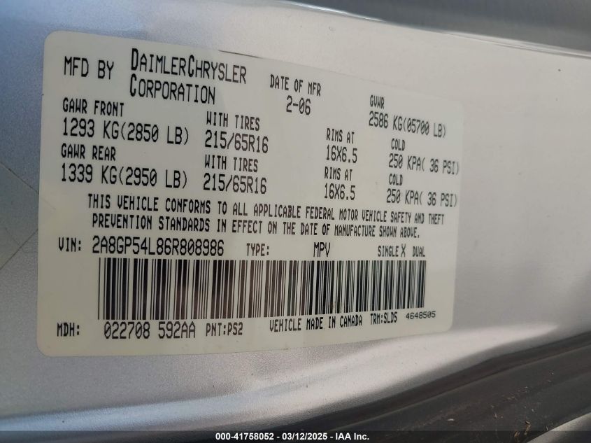 2006 Chrysler Town & Country Touring VIN: 2A8GP54L86R808986 Lot: 41758052