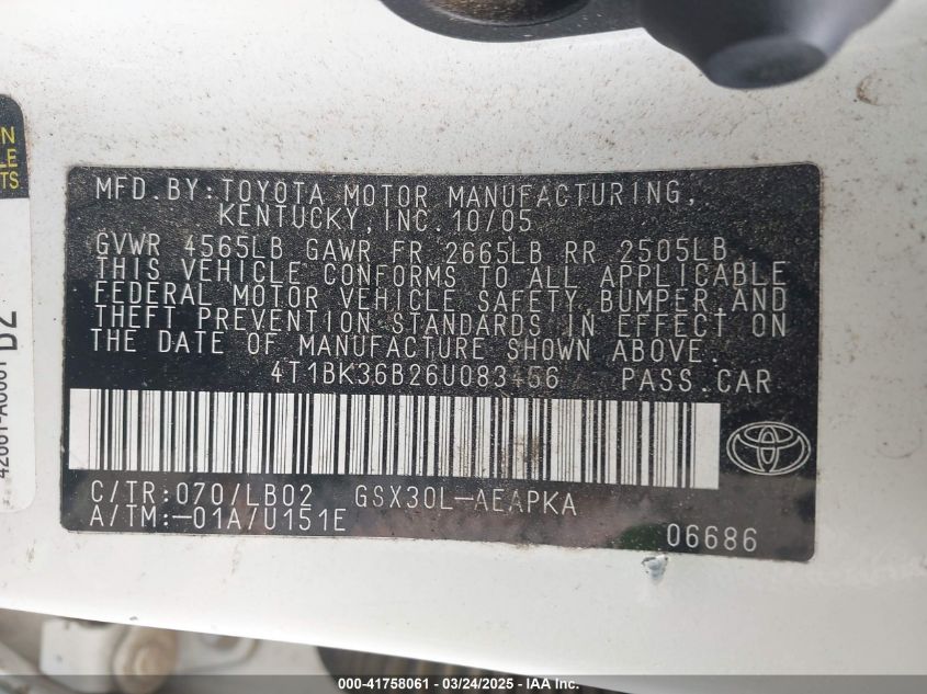 2006 Toyota Avalon Limited/Touring/Xl/Xls VIN: 4T1BK36B26U0B3456 Lot: 41758061