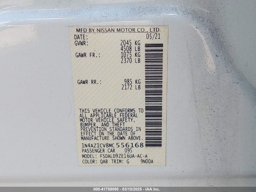 2021 Nissan Leaf Sv 40 Kwh VIN: 1N4AZ1CV8MC556168 Lot: 41758095