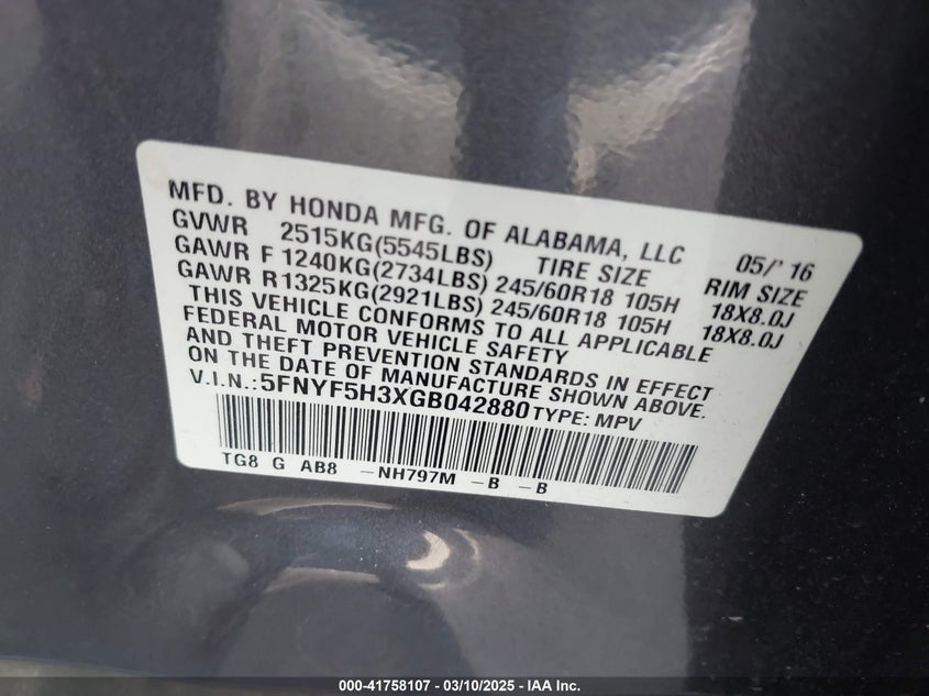 2016 HONDA PILOT EX - 5FNYF5H3XGB042880