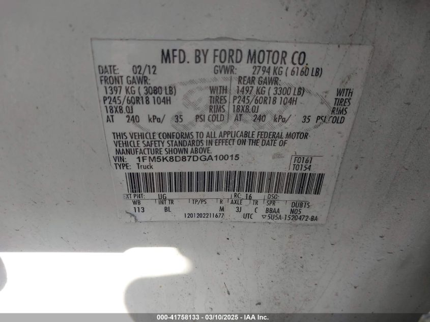 2013 Ford Explorer Xlt VIN: 1FM5K8D87DGA10015 Lot: 41758133