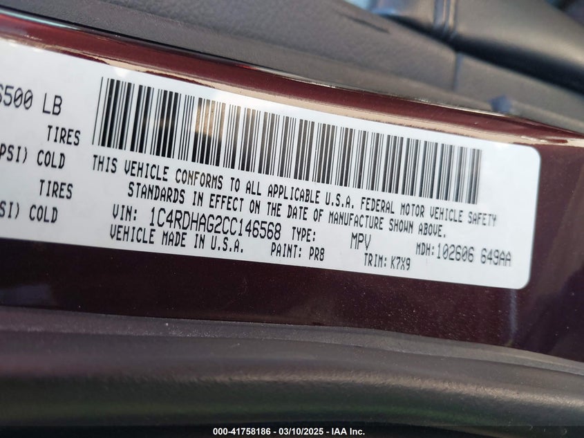 2012 DODGE DURANGO VIN: 1C4RDHAG2CC146568
