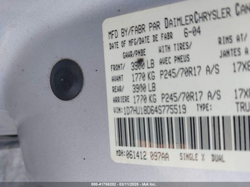 2004 Dodge Ram 1500 Slt/Laramie VIN: 1D7HU18D64S775519 Lot: 41758202