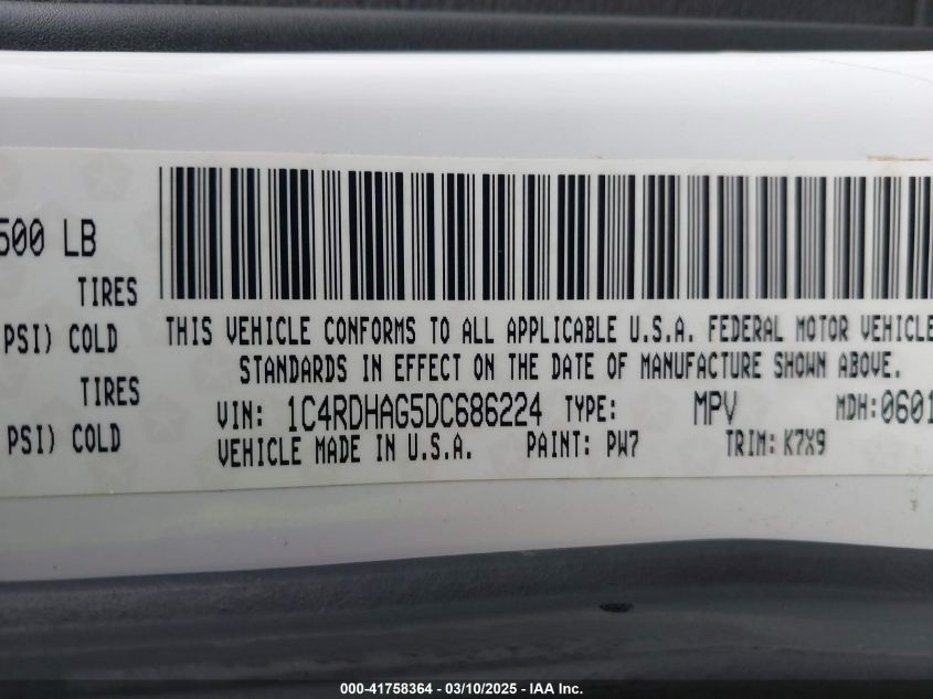 2013 Dodge Durango Sxt VIN: 1C4RDHAG5DC686224 Lot: 41758364