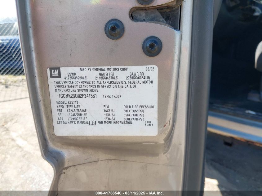 2002 Chevrolet Silverado 2500Hd Ls VIN: 1GCHK23U02F241581 Lot: 41758540