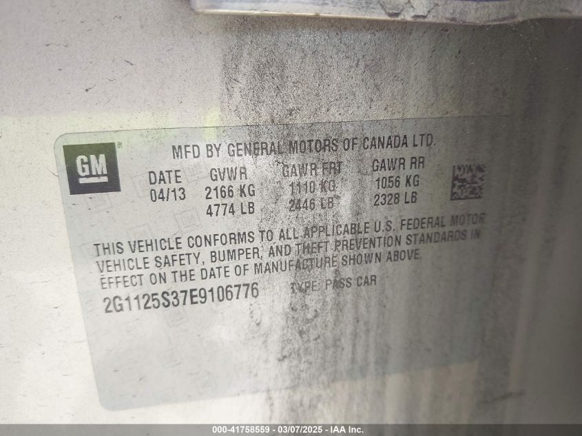 2014 Chevrolet Impala 2Lt VIN: 2G1125S37E9106776 Lot: 41758559