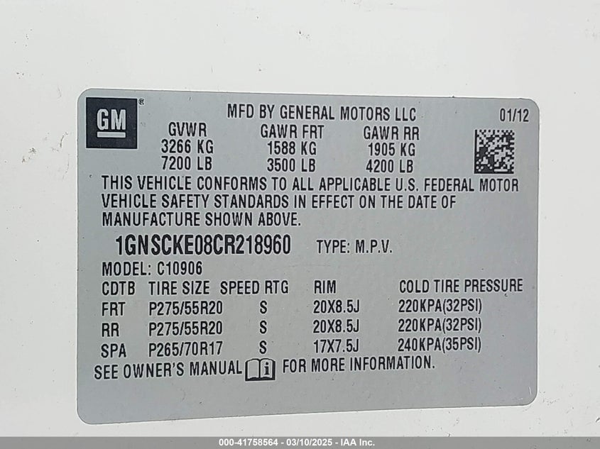 2012 CHEVROLET SUBURBAN 1500 VIN: 1GNSCKE08CR218960