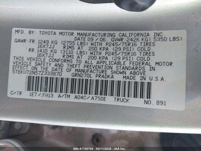 2007 TOYOTA TACOMA VIN: 5TEKU72N57Z333870