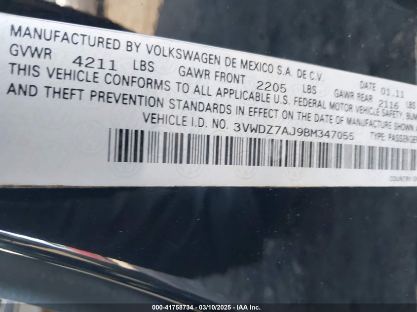 2011 VOLKSWAGEN JETTA VIN: 3VWDZ7AJ9BM347055
