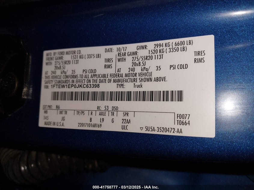 VIN 1FTEW1EP0JKC63398 2018 FORD F-150 XL