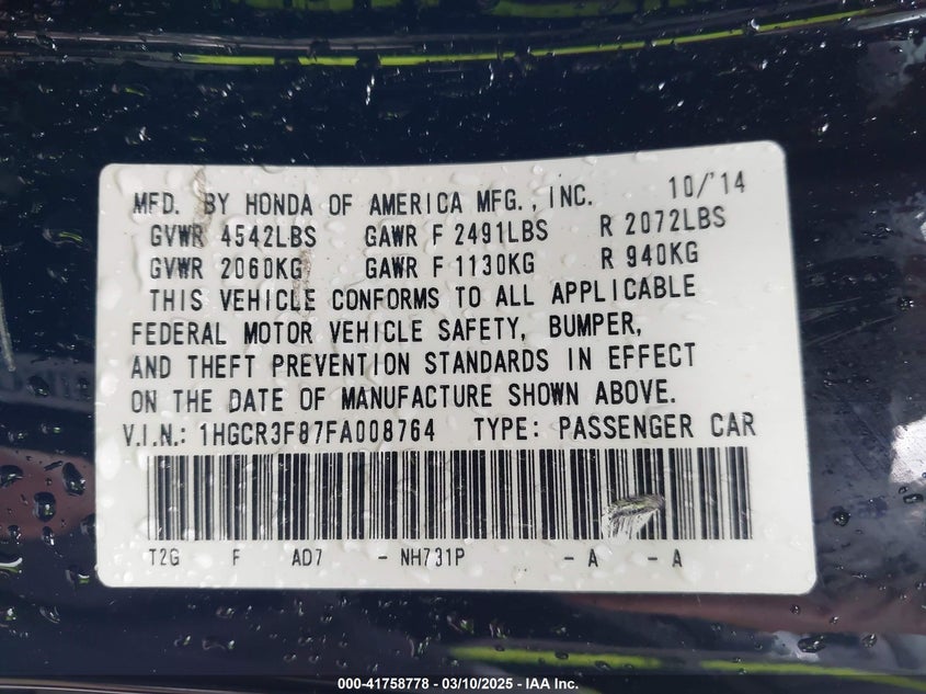 2015 HONDA ACCORD VIN: 1HGCR3F87FA008764