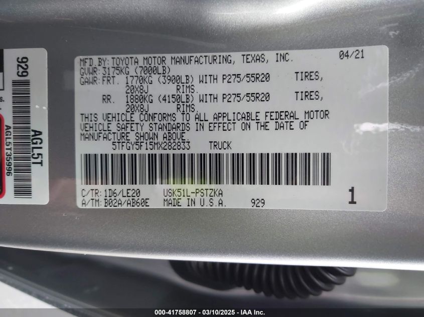 2021 Toyota Tundra Platinum VIN: 5TFGY5F15MX282833 Lot: 41758807