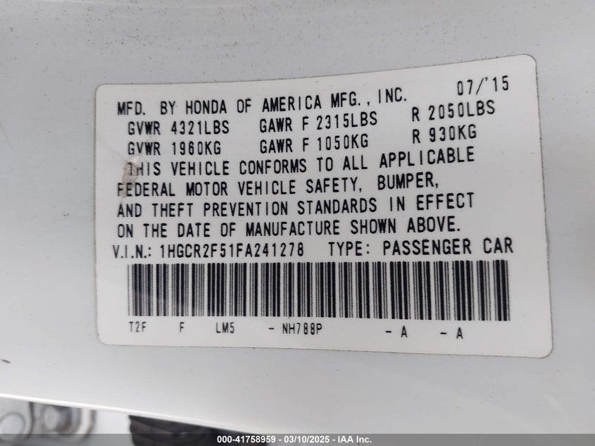 2015 HONDA ACCORD SPORT - 1HGCR2F51FA241278