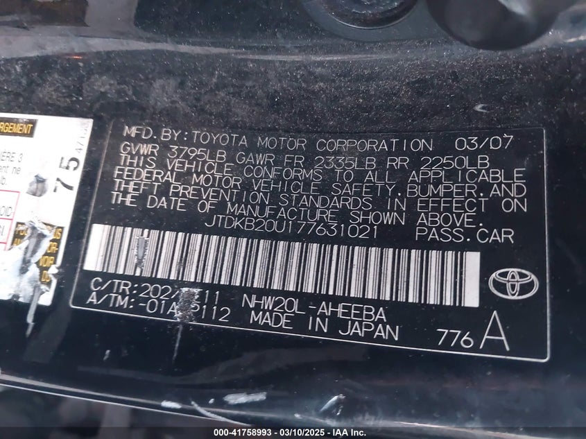 2007 TOYOTA PRIUS VIN: JTDKB20U177631021