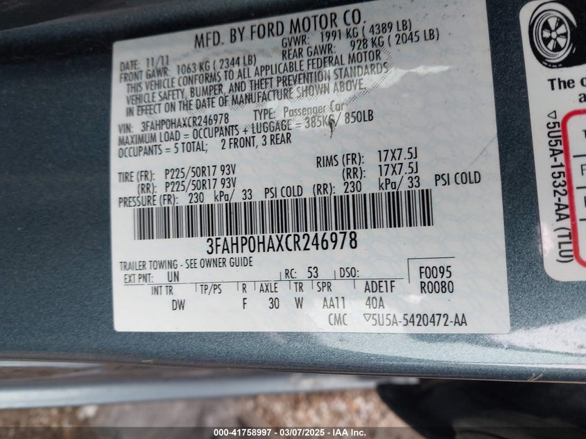 2012 FORD FUSION VIN: 3FAHP0HAXCR246978