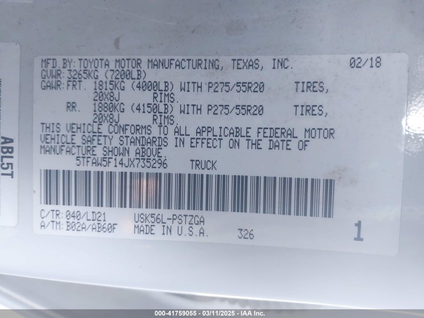 2018 TOYOTA TUNDRA 1794 5.7L V8 - 5TFAW5F14JX735296