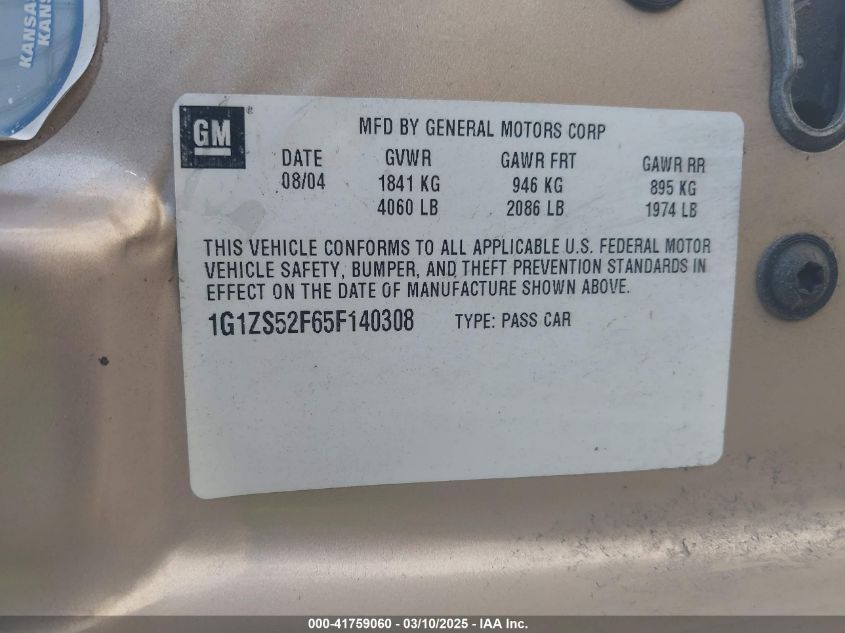 2005 Chevrolet Malibu VIN: 1G1ZS52F65F140308 Lot: 41759060