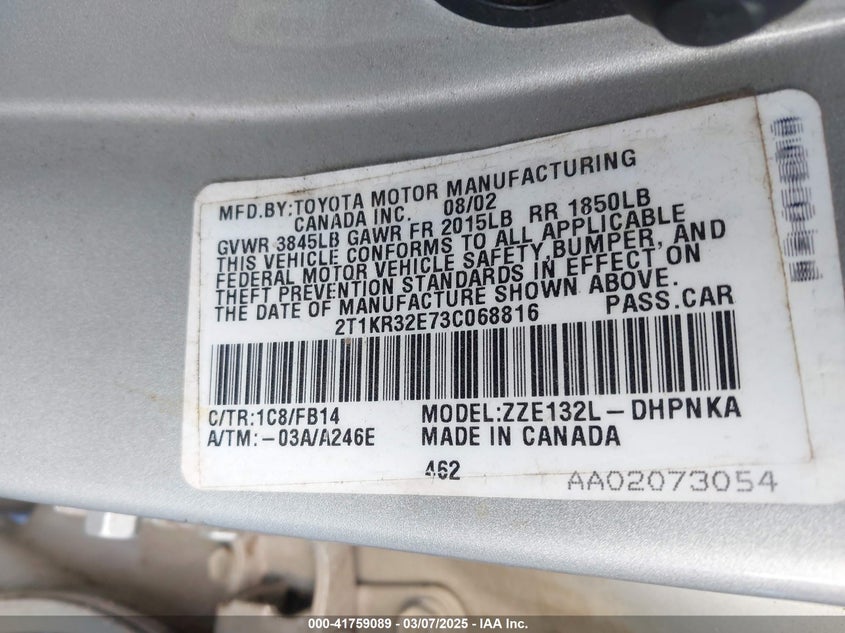 2003 Toyota Matrix Xr VIN: 2T1KR32E73C068816 Lot: 41759089