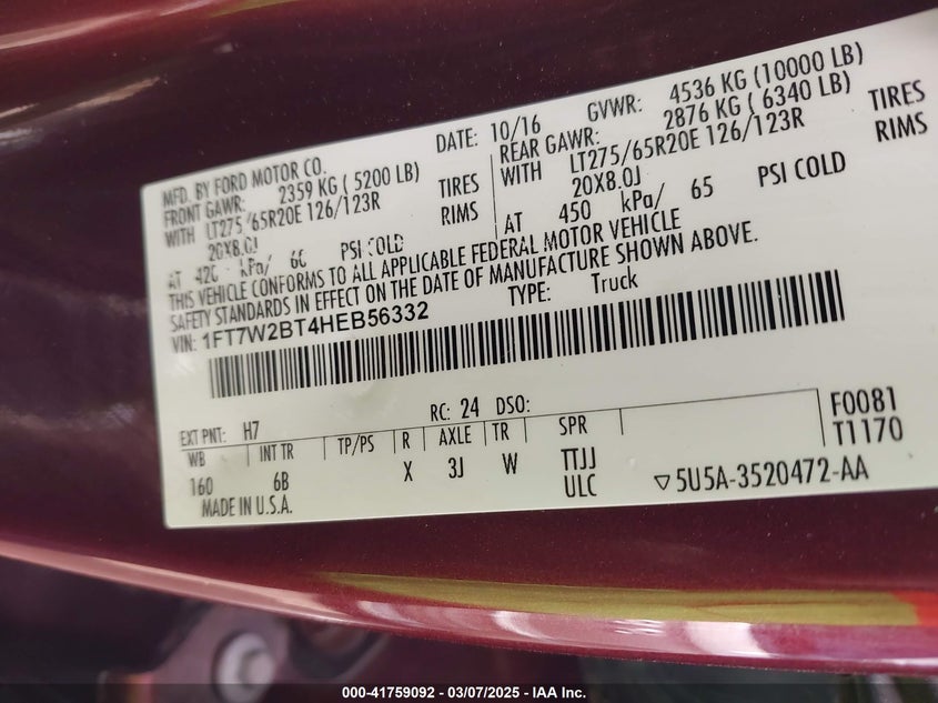 2017 Ford F-250 Lariat VIN: 1FT7W2BT4HEB56332 Lot: 41759092