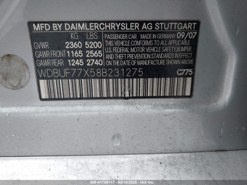 2008 Mercedes-Benz E 63 Amg VIN: WDBUF77X58B231275 Lot: 41759117