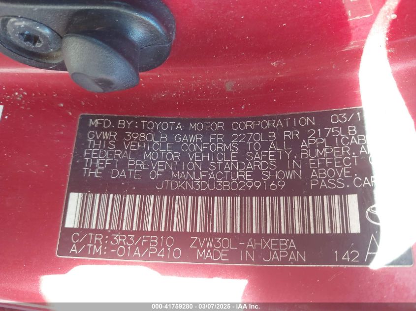 2011 Toyota Prius Two VIN: JTDKN3DU3B0299169 Lot: 41759280