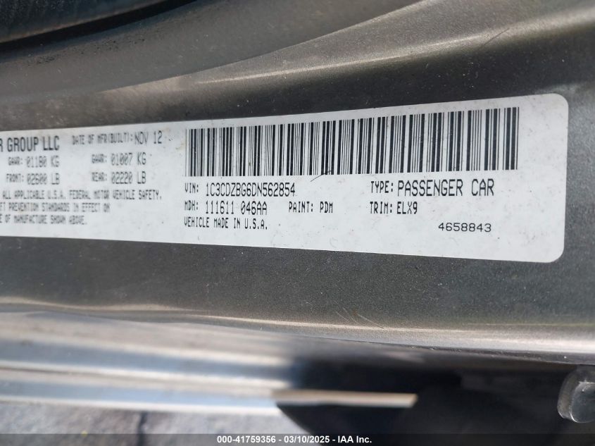 2013 Dodge Avenger R/T VIN: 1C3CDZBG6DN562854 Lot: 41759356