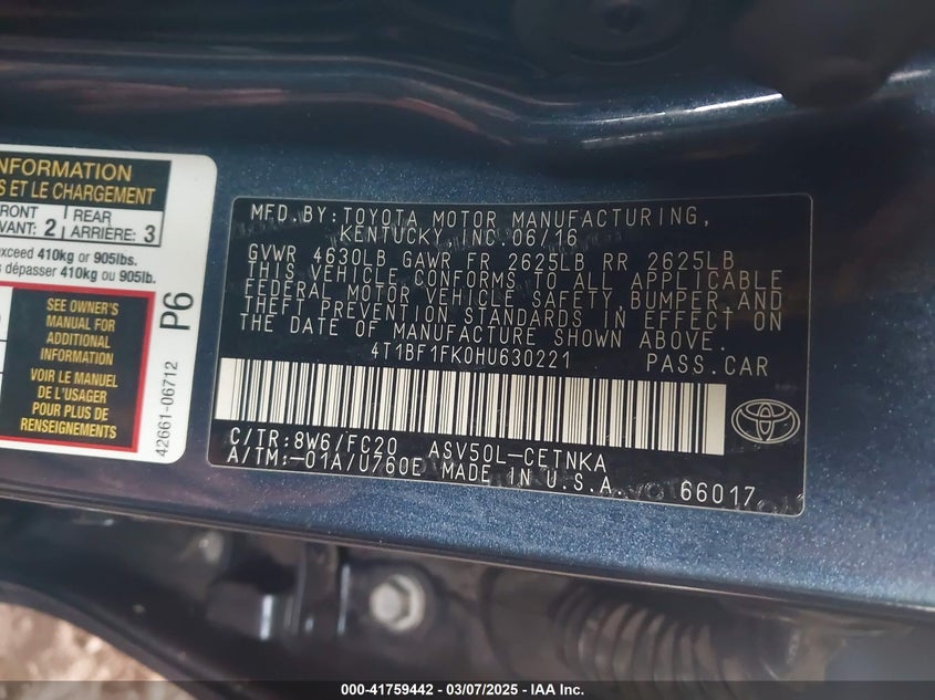 2017 TOYOTA CAMRY VIN: 4T1BF1FK0HU630221