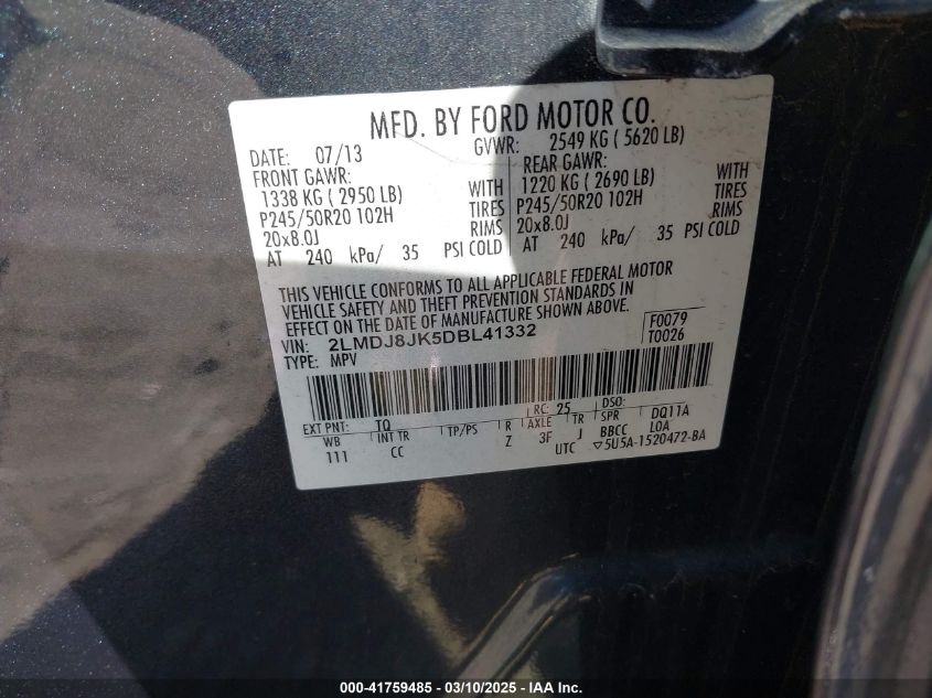 2013 Lincoln Mkx VIN: 2LMDJ8JK5DBL41332 Lot: 41759485