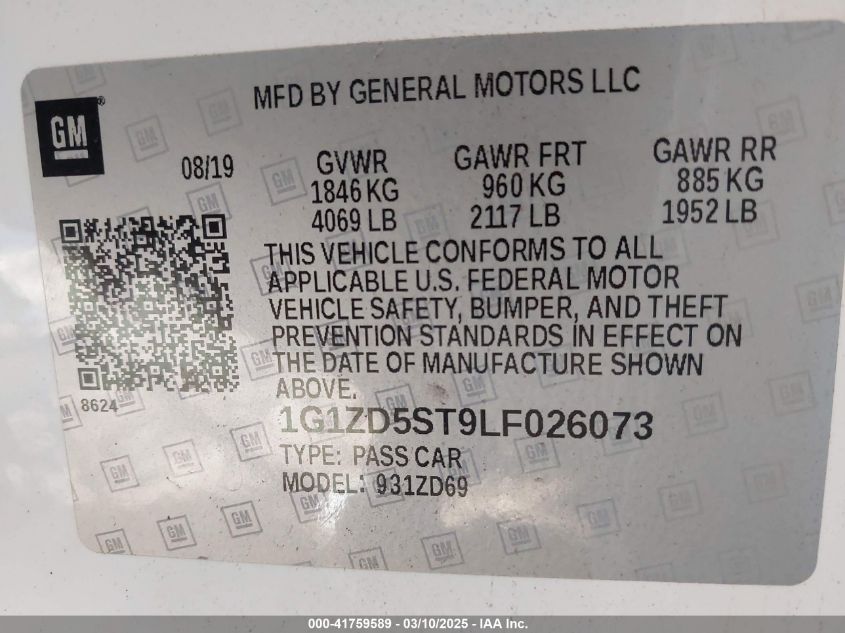 2020 Chevrolet Malibu Fwd Lt VIN: 1G1ZD5ST9LF026073 Lot: 41759589