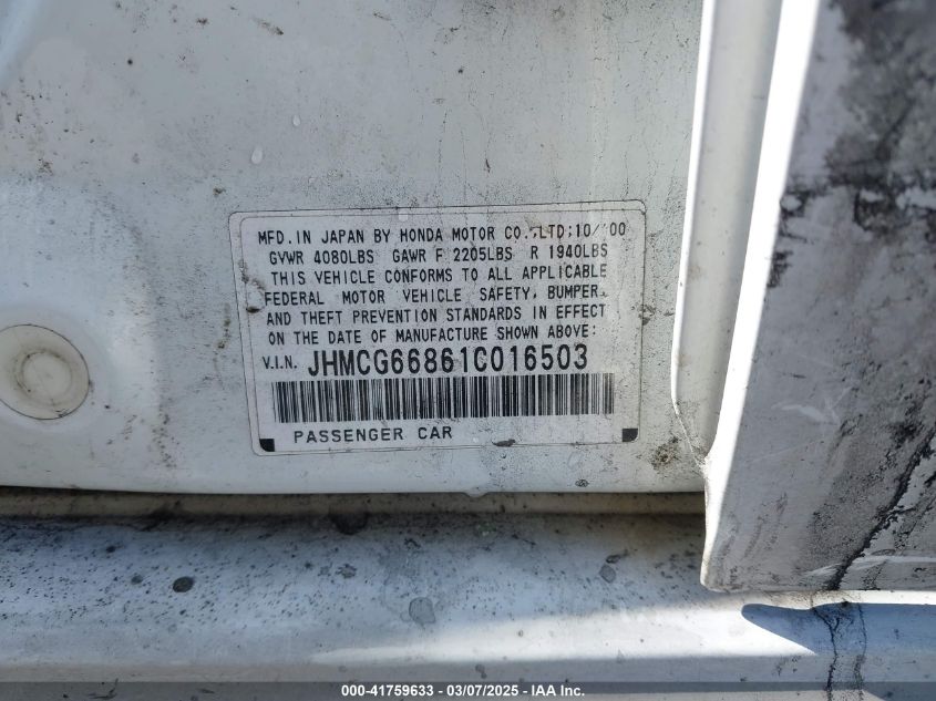 2001 Honda Accord 2.3 Ex VIN: JHMCG66861C016503 Lot: 41759633