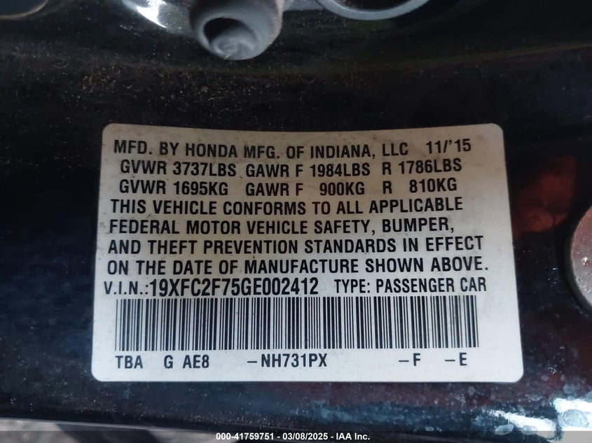 2016 HONDA CIVIC EX - 19XFC2F75GE002412