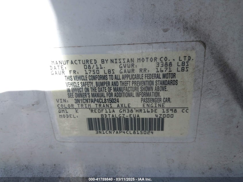 2012 Nissan Versa 1.6 S/1.6 Sl/1.6 Sv VIN: 3N1CN7AP4CLH15024 Lot: 41759840