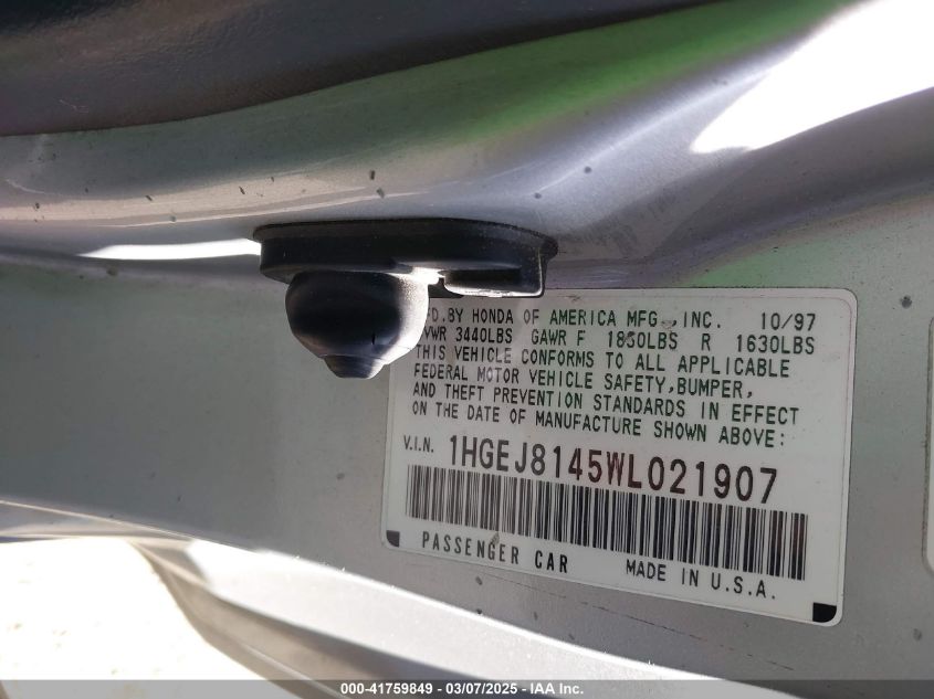1998 Honda Civic Ex VIN: 1HGEJ8145WL021907 Lot: 41759849