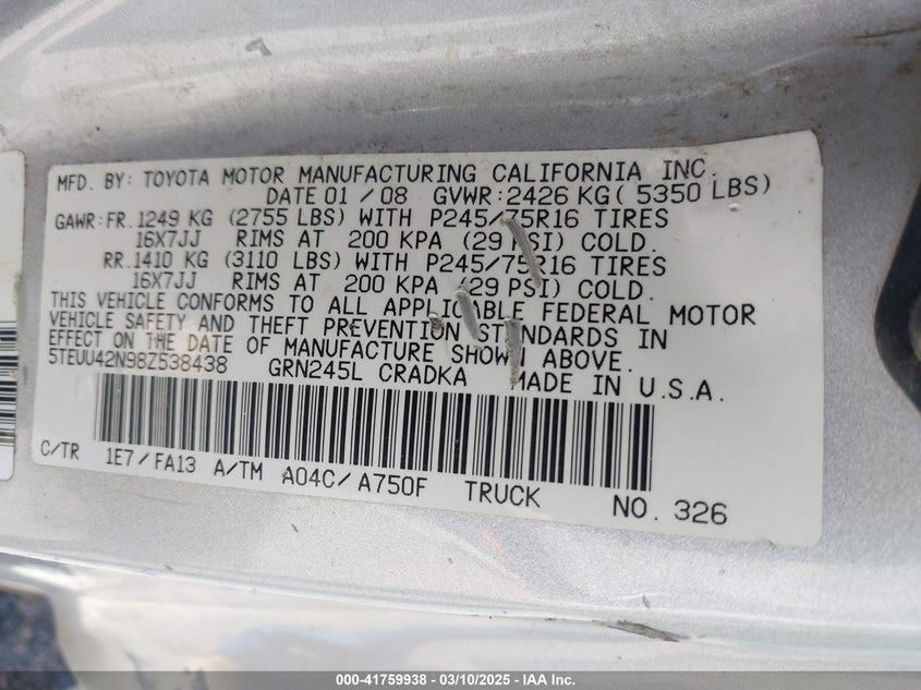 2008 TOYOTA TACOMA VIN: 5TEUU42N98Z538438