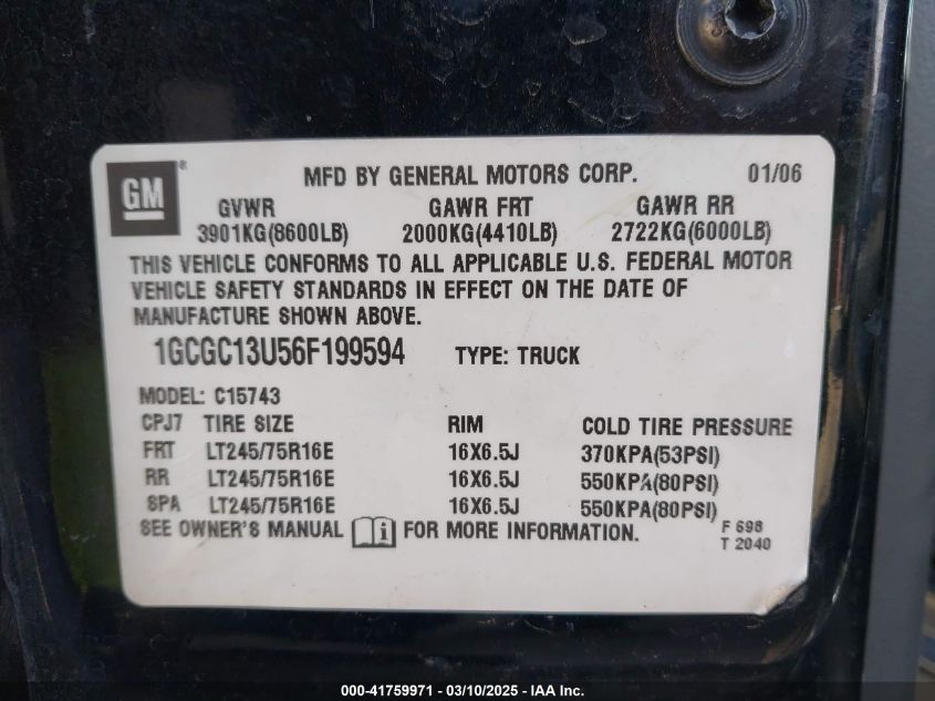 2006 Chevrolet Silverado 1500Hd Lt1 VIN: 1GCGC13U56F199594 Lot: 41759971