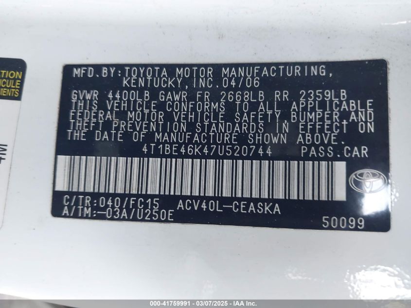 2007 Toyota Camry Se VIN: 4T1BE46K47U520744 Lot: 41759991