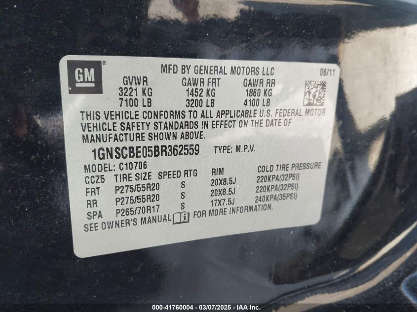 2011 Chevrolet Tahoe Lt VIN: 1GNSCBE05BR362559 Lot: 41760004