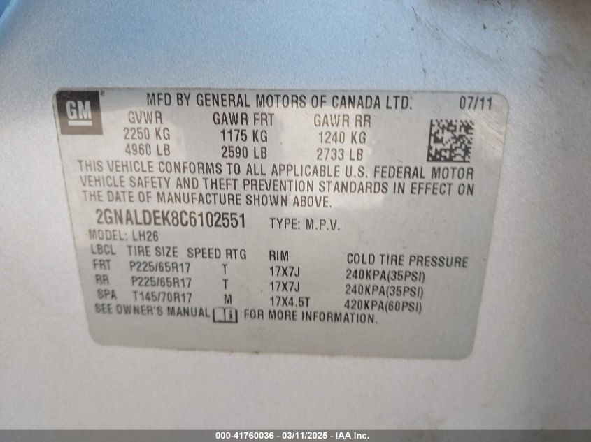 2012 Chevrolet Equinox 1Lt VIN: 2GNALDEK8C6102551 Lot: 41760036